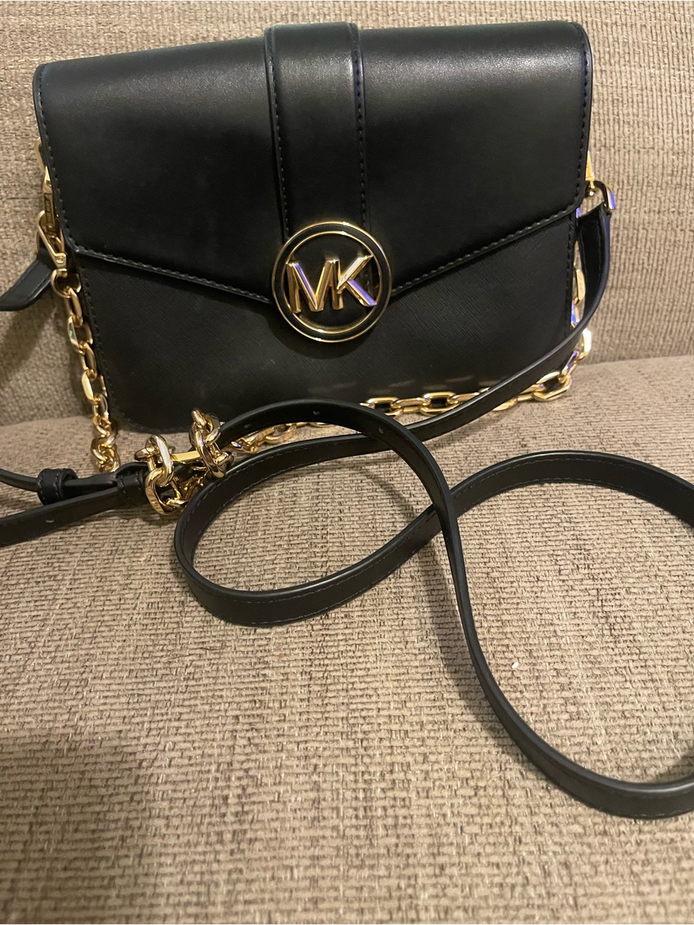 Michael Kors Black Leather Crossbody with Gold MK Emblem